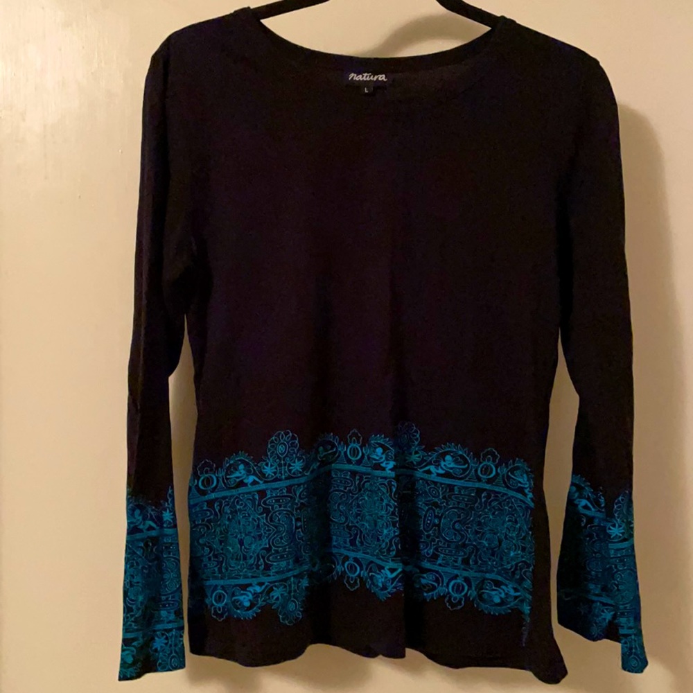 “Natura” (nature) brand - Rare, Long sleeved teal blue and black blouse